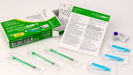 Epinephrine injection Snap-V Convenience Kit for Anaphylactic Emergencies 1MG/ML 1ML Single Use Vial (1:1000) for 33Lbs or 2yrs+  ((1)vial epi, (3)syringes, (3) 23Gx1 safety needle, 4 alco prep, 1 packg insert, 1 by Snap Medical Industries, LLC  ID 71923-